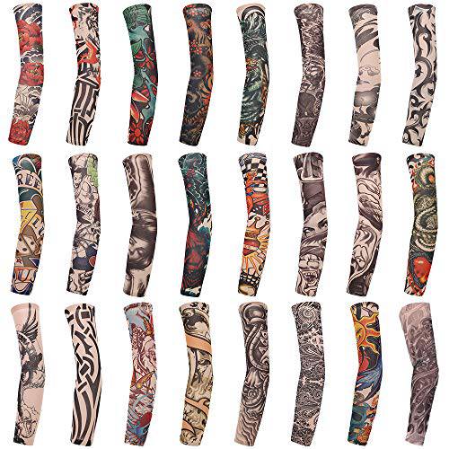 SPOKKI 24 PCS Fake Temporary Tattoo Sleeves Arm Sleeves for Party Body Art and Printed Sports Outdoor Cycling Activities UV Protection for Men Women