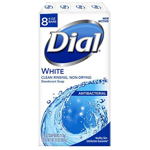 Dial White Antibacterial Deodorant Bar Soap, Clean Rinsing, Non-Drying, 9/8 Bars 4OZ (Pack of 72)