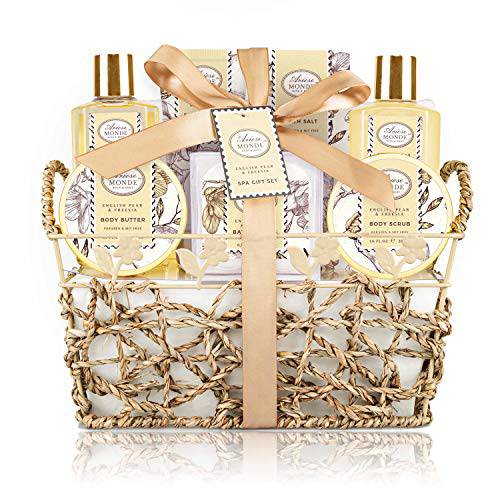 Bath & Shower Spa Gift Basket Set, with English Pear & Freesia Fragrance Bath Gift Basket for Women & Men Includes Body Lotion, Shower Gel, Bath Salts, Bubble Bath, Body Scrub and More, 9 Pcs