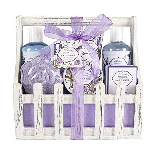 Bath Spa Basket Gift Set, with Lavender & Jasmine Scent, Home Spa Gift Basket Kits for Women, Includes Body Lotion, Shower Gel, Bath Salts, Bubble Bath, Body Mist, Bath Soap, Bath Bomb