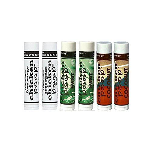 Chicken Poop Lip Balm Simone Chickenbone 100% Natural Moisturizer for Dry, Chapped Lips, Combo (2 Original, 2 Mint, 2 Coconut), Pack of 6