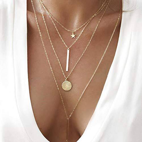 Chmier Bohemia Layered Choker Necklace Star Choker Gold Coin Necklace Bar Pendant Necklace Lariat Y Necklace for Women and Girls