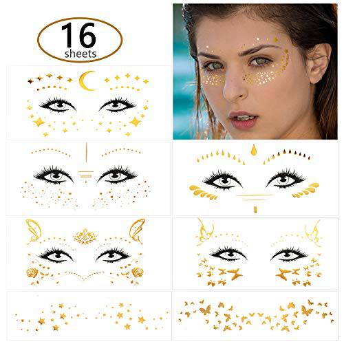 16 Sheets Face Tattoo Sticker and Freckle Sticker for Women, Face Metallic Temporary Tattoo Water Transfer Tattoo for Parties, Halloween Face Tattoos for Halloween Cosplay