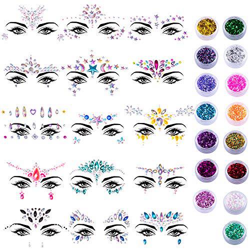 Duufin 15 Sets Face Jewels Stickers Face Gems Glitter Mermaid Face Crystal with 15 Boxes Chunky Face Glitter Temporary Tattoos for Festival Rave Carnival Party