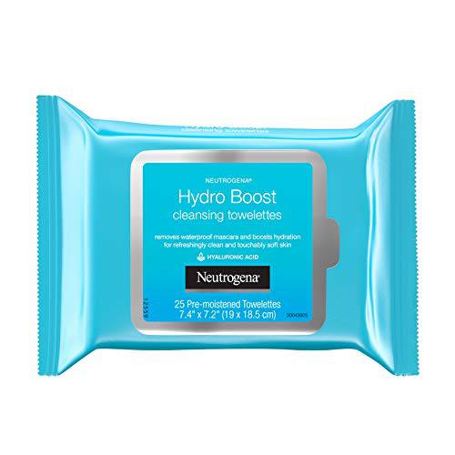 Neutrogena HydroBoost Facial Cleansing Makeup Remover Face Wipes with Hyaluronic Acid, Hydrating & Moisturizing Facial Towelettes Remove Dirt & Makeup, 100% Plant-Based Cloth, 25 ct