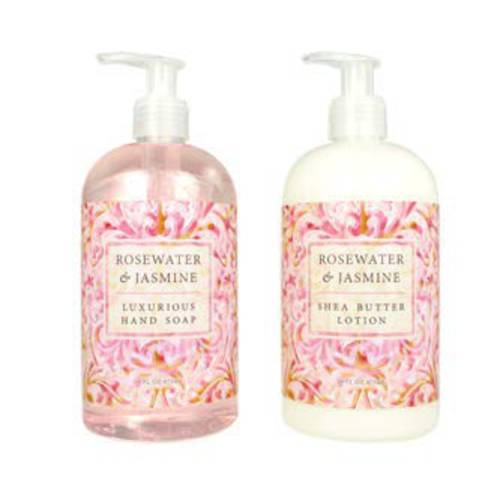 Greenwich Bay Trading Company Botanical Collection Bundle: Rosewater & Jasmine - 16 Ounce Shea Butter Lotion & 16 Ounce Hand Soap