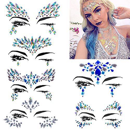 Halloween Face jewels festival Women Mermaid Face Gems Glitter 6 Sets Rhinestone Rave Festival Face Jewels,Crystals Face Stickers Eyes Face Body Temporary Tattoos