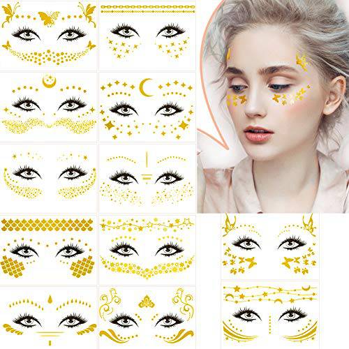 VIWIEU Temporary Face Tattoo Set for Women Girls, 12 Sheets Metallic Glitter Face Jewels Stickers for Adults Shiny Water Transfer Tattoos for Make up Rave Costume Party Musical Festivals
