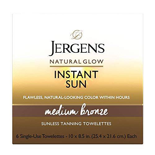 Jergens Natural Glow Instant Sun Sunless Tanning Towelettes, Single-Use Self Tanner Wipes for Flawless Fake Tan, Natural-Looking Color, 6 Count