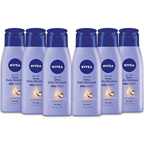 NIVEA Shea Nourish Body Lotion, Dry Skin Lotion with Shea Butter, Pack of 6, 2.5 Fl Oz Travel Size Toiletries