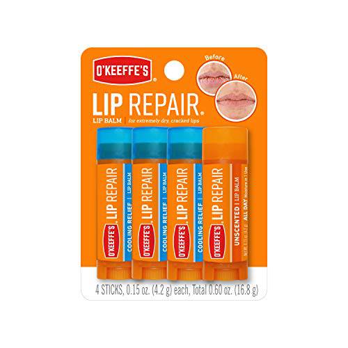O’Keeffe’s Lip Repair Lip Balm for Dry, Cracked Lips, Stick, (Pack of 4: 3 Cooling + 1 Unscented)