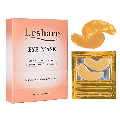 LESHARE 24K Gold Eye Mask for Reduce Dark Circles and Puffiness, Collagen Under Eye Mask and Under Eye Patches for Reduce Wrinkles, Refresh Your Eyes Skin, 24 Pairs