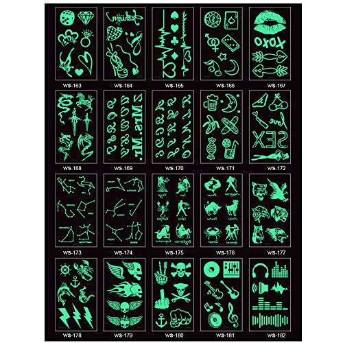 20 Sheets Glow In Dark Temporary Tattoo Stickers, Luminous Fluorescent Tattoos Waterproof Fake Tattoo Body Art Water Transfer Stickers Fun For Party Festival Club Party Decoration Accessories DIY