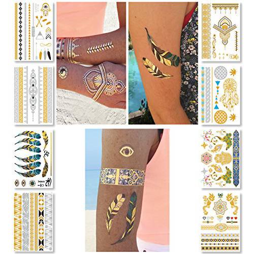 Metallic Temporary Tattoos for Women Teens Girls - 8 Sheets Gold Silver Temporary Tattoos Glitter Shimmer Designs Jewelry Tattoos - 100+ Color Flash Fake Waterproof Tattoo Stickers (Mustique)