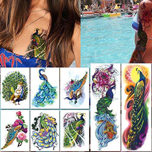 Arm Sleeve Temporary Tattoos, Fake Peacock Half Arm Tattoos and Full Sleeves Tattoo Sticker for Women Men Makeup, 8-Sheet