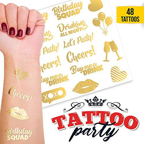 CORRURE 48pcs Birthday Tattoos - Gold Temporary Tattoos Metallic for Women and Men - Happy Birthday Squad Tattoos for Girls, 18th 21st 25th 30th or Any Adult Bday - 11 Flash Party Tattoos