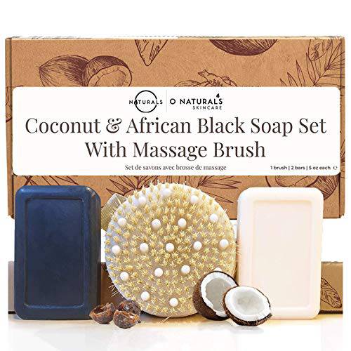Gift Set for Women - Dry Brushing Body Brush, African Black Soap & Coconut Shea Butter Body Soap Bars - Exfoliating Brush & 5oz Soap Bars with Essential Oils - Birthday Gifts for Women