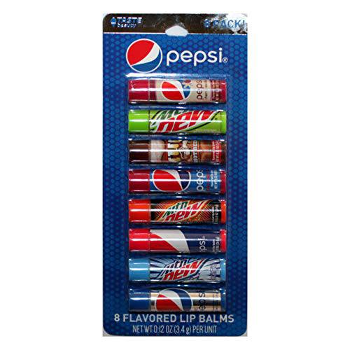 Taste Beauty (1) Party Pack Pepsi - 8pc Soda Flavored Lip Balm Sticks - Flavors: Cherry Vanilla, Mountain Dew, Mug Root Beer, Wild Cherry, Livewire, White Out, Diet - Net Wt. 0.12 oz Each Stick