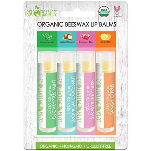 Sky Organics Organic Lip Balms With Beeswax for Lips, USDA Certified Organic, Four Assorted Flavors to Moisturize, Soothe & Soften, 4pk.