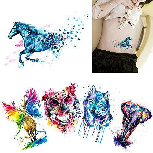 Glaryyears Watercolor Animal Temporary Tattoos for Women Adults, 5 Pack Large Big Fake Creative Tattoo Stickers, Perfectly on Body, Rock Art, Tumblers, Smooth Surfaces