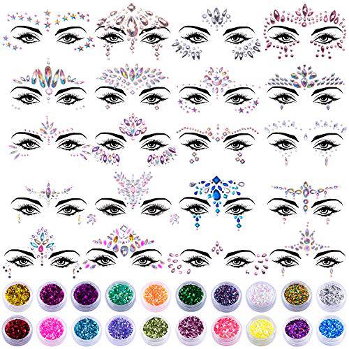 SIQUK 20 Sets Face Jewels Glitter Mermaid Face Jewel Stickers with 20 Boxes Chunky Face Glitter Crystal Face Gem for Festival Rave Carnival Party