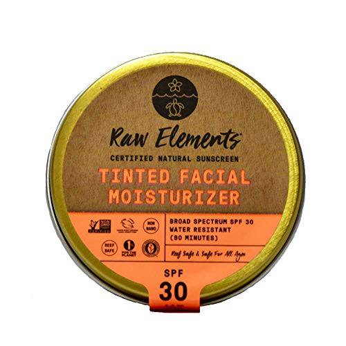Raw Elements Tinted Facial Moisturizer Certified Natural Sunscreen | Non-Nano Zinc Oxide, 95% Organic, Very Water Resistant,Reef Safe, Non-GMO,Cruelty Free,SPF 30+, All Ages Safe, Reusable Tin, 1.8oz