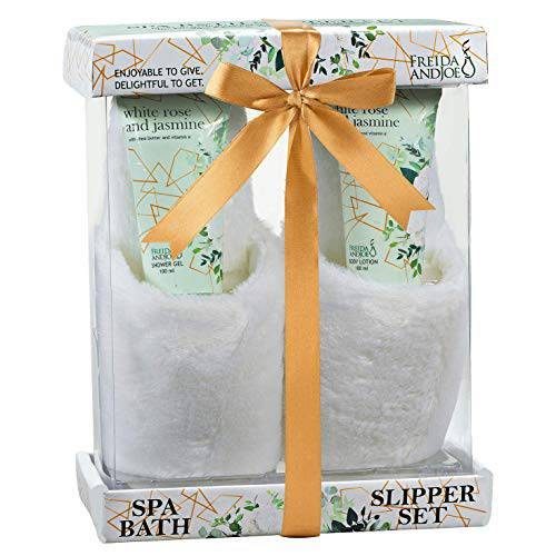 Home Spa Slippers Set Bath Gift Basket - White Rose Jasmine Fragrance - Luxury Bath & Body Set For Women - Contains Body Lotion and Shower Gel, Plush Cozy Close Toe Slippers Perfect for Holiday