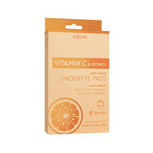 AZURE Vitamin C Brightening Under Eye Pads - Anti Aging, Lifting & Moisturizing Eye Mask Patches - Reduces Fine Lines, Wrinkles, Dark Circles & Puffiness - Skin Care Made in Korea - 5 Pairs