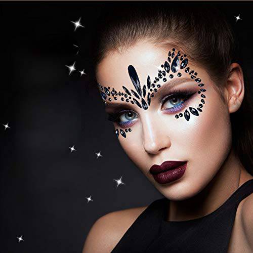 Rhinestone Face Gems Jewels, Festival Face Jewels Tattoo Stickers, Rave Crystals Face Gems Stick on, Body Gem Stones Bindi Temporary Face Tattoos for Festival Rave,4-Pack, Black