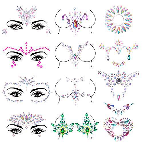 Duufin 12 Sets Rave Jewels Face Body Jewel Stickers Mermaid Face Gems Belly Crystal Tears Gems Temporary Tattoo for Festival Party