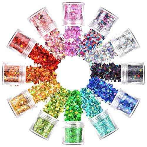 Warmfits Holographic Face Glitter 12 Colors Total 120g Face Body Eye Hair Nail Festival Chunky Holographic Glitters Different Shapes Stars Hexagons Heart Circle