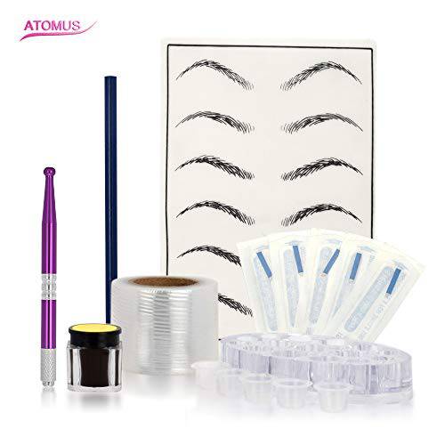 Eyebrow Microblading kit, Atomus Eyebrow Micro Needling Pen Set with Pigment Ink Cups Holder 14pin Blades Plastic Wraps Practice Skin Pencil for Eyebrow Tattoo Permanent Makeup (02)