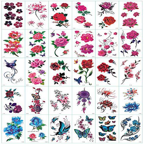 30 Sheets Temporary Tattoos Stickers Waterproof Body Art Tattoo Sexy Rose Flower Lotus Cherry Blossoms Butterflies for Women Teens Girls