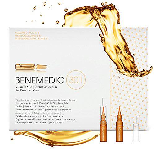 Benemedio 301, Proteoglycan Vitamin C Serum for Face and Neck Wrinkles, Fine Lines, Sun or Dark Spots and Scars Fading | Swiss Formula | 10 vials of 0.068 fl oz each