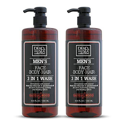 Dead Sea Collection Men’s Body Wash - Pack of 2 (67.6 Fl. Oz) - Sandalwood 3 in 1 Body Wash for Men - Face Wash for Men with Shower Gel for Men and Shampoo for Men to Keeping You Feeling Fresh & Cool