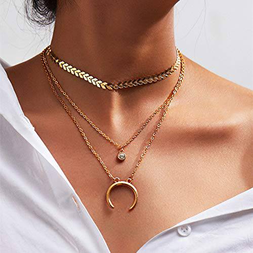 FXmimior Multi Layer Necklace Moon Pendant Choker Crystal Pendant for Women Girl (silver)