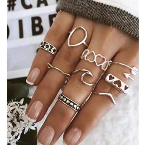 BERYUAN Women Rings Size 6 7 8 9 10 Vintage Silver Rings Set Cute Wave TearLove Knuckle Rings Gift for Her Lovely Ring Set for Women and Girls Teens(9Pcs )