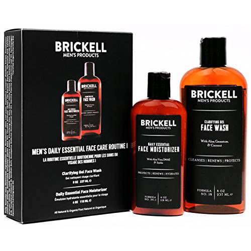 Brickell Men’s Daily Essential Face Care Routine I, Gel Facial Cleanser Wash and Face Moisturizer Lotion, Natural and Organic, Unscented, Skincare Gift Set