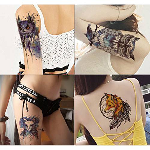 Dalin 4 Sheets Temporary Tattoos, Sled Dog, Owl, Indian Fake Tattoos for Women Men