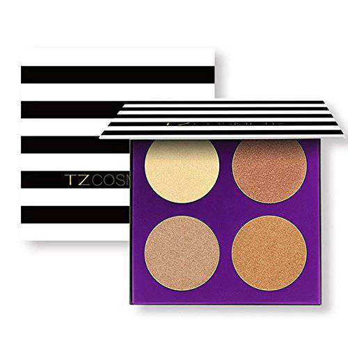 CCbeauty 4 Color Highlighter Makeup Palette with Powder Brush Shimmer Bronzers Contour Shadow Illuminating Highlight Blush Palette Cheek Cosmetic Kit,Pearl,Valentine’s Day Gift Sets for Her, Girls Women
