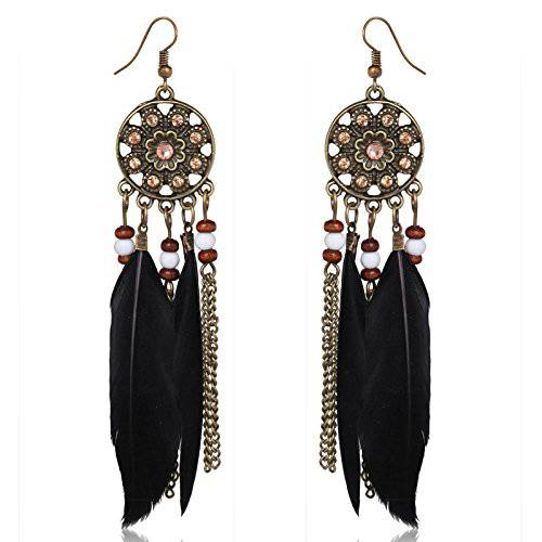 fxmimior Fashion Women Feather Long Vintage Earrings Black Bohe Tassels Earrings for Christmas Xmas Jewelry for Girl Women
