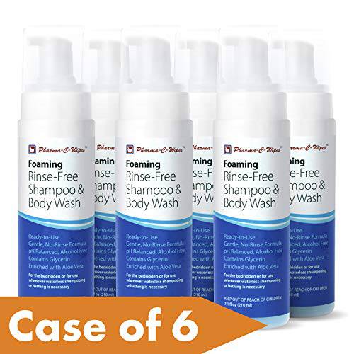 Pharma-C-Wipes Foaming Rinse Free Shampoo & Body Wash Case of 6 Bottles = Best Value Hospital Tested, Gentle No-Rinse Shampoo Formula Leaves Hair Fresh & Clean