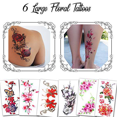 Temporary Tattoos for Women and Girls - Flowers, Roses, Butterflies - Waterproof Fake Tattoos - Halloween Costume Cosplay (6 Large Floral Tattoos B - 6 Sheets)