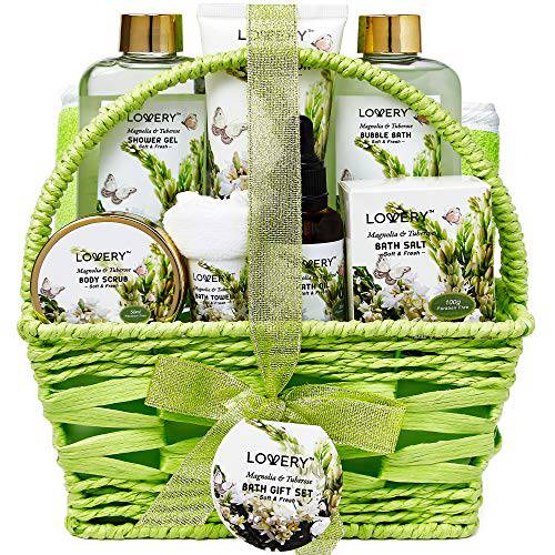 Christmas, Birthday Gifts from Daughter and Son, Bath and Body Gift Basket For Women and Men – Magnolia and Tuberose Home Spa Set, Includes Fragrant Lotions, Massage Oil, Bath Towel & More - 9pc Set
