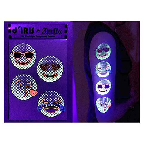 Temporary Tattoos – 1 Sheet Emoticon Design Body Paint Art Blacklight Reactive Light Festival Accessories Glow in the Dark Party Supplies | 7.2” x 5.2” Temp Great for EDM EDC Party Rave Parties