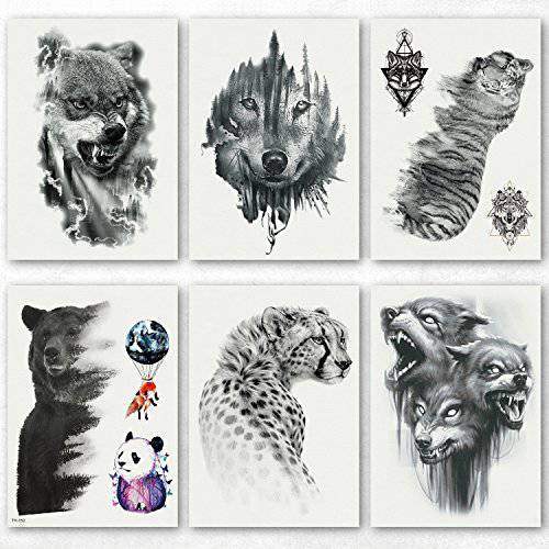 Kotbs 6 Sheets Animal Temporary Tattoos, Black Strong Wolf Tiger Tattoo Stickers for Men Women Adults Waterproof Fake Tattoos