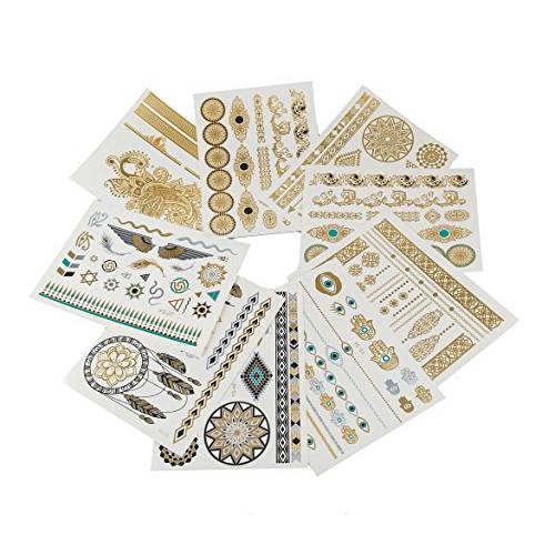 yueton 9 Sheets of Metallic Gold, Silver and Multi-color Temporary Flashing Tattoos - Disposable Removable Waterproof Temporary Wearing Tattoos Sticker for Body Art for Teens Men Women Adult Girls