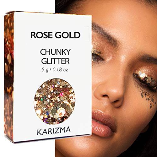 KARIZMA Holographic Rose Gold Glitter. 10g Chunky Face Glitter, Hair Glitter, Eye Glitter and Body Glitter for Women. Rave Glitter, Festival Accessories, Cosmetic Glitter Makeup. Loose Glitter Set