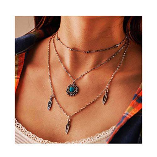 Campsis Boho Turquoise Layered Necklace Silver Leaf Pendant Necklace Retro Tassel Choker Jewelry for Women and Girls