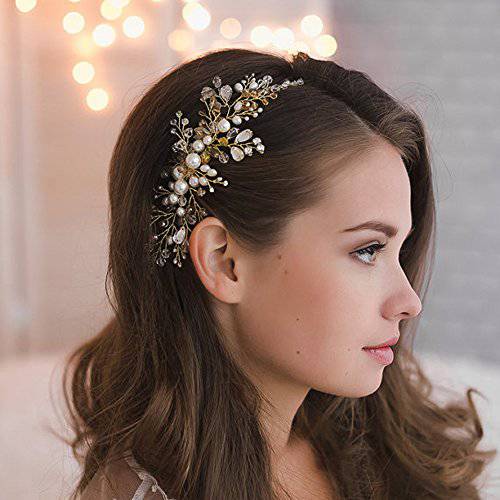 Kercisbeauty Wedding Bridal Bridesmaids Flower Girl Crystal and Pearl Side Hair Comb Slide Headpiece Long Curly Bun Hair Accessories for Prom (Silver)